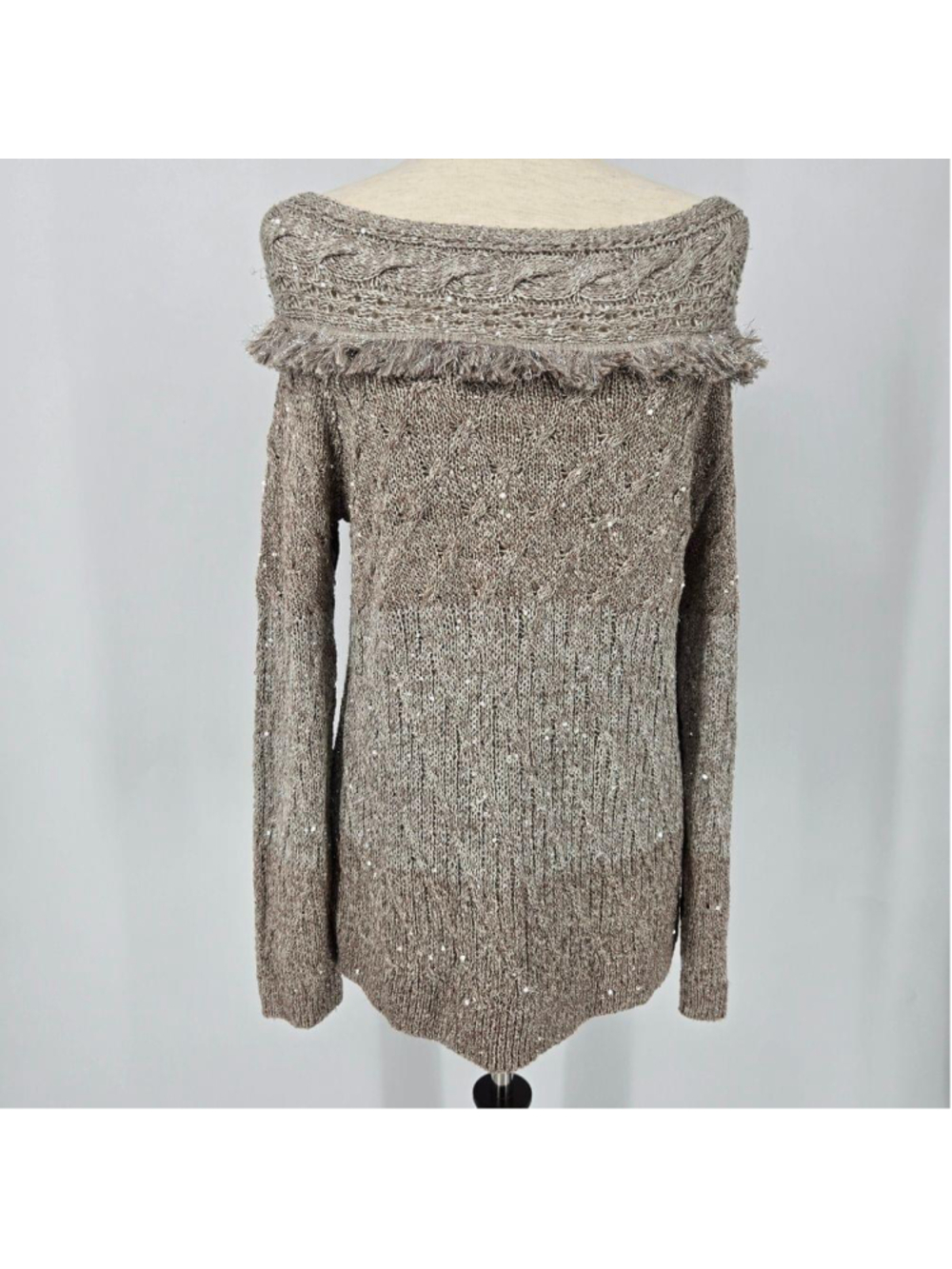 White House Black Market Fringe Sequin Sweater Medium Boatneck Metallic Knit